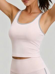 Contrast Trim U-Neck Sports Tank Top For Women, Wide Strap With Built-In Fixed Padded Cups, High Elasticity Slim Fit Yoga Pilates Fitness Camisole - Pink - View 3