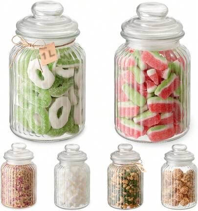 Juego de 6 recipientes de almacenamiento con tapas y etiquetas, tarros de dulces de 1 litro, aptos para lavavajillas, ideales para barras de chocolate, bodas, fiestas y uso en la cocina, práctico juego de recipientes de almacenamiento