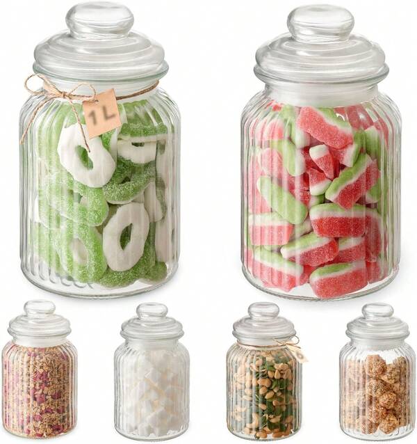 Set di 6 contenitori per alimenti con coperchi ed etichette, barattoli per caramelle da 1 litro, lavabili in lavastoviglie, ideali per candy bar, matrimoni, feste e per l'uso in cucina, pratico set di contenitori per alimenti