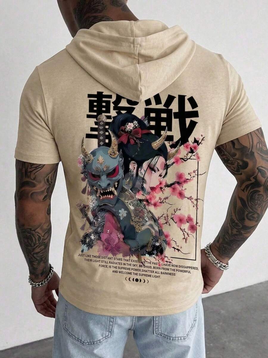 夏季短袖连帽衫，印有日本浮世绘武士面具图案 - 杏色 - 查看 1
