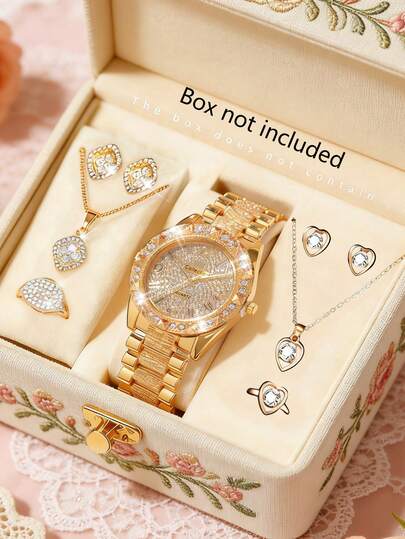 9pcs Luxury Women's Watch And Jewelry Set, Including Roman Numeral Watch, 2 Pendant Necklaces, Square Stud Earrings, Heart Stud Earrings, And Heart Ring. Suitable As A Gift For Close Friends To Express Feelings. This Product Does Not Include Gift Box.