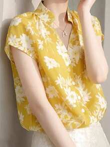 法式浪漫花卉印花女式工作襯衫，優雅通勤V領短袖夏季休閒女式襯衫，精美女式襯衫商務休閒女裝，女式秋季服飾 - 黃色 - 查看 4