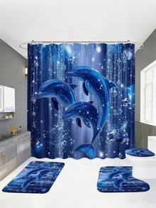 1/3/4 Peças Conjunto de Banheiro com Decoração de Diamante e Golfinho Azul, Decoração para Casa, Cortina de Chuveiro, Conjunto de Acessórios de Banheiro, Inclui Cortina de Chuveiro e Tapete de Banho. Múltiplos Tamanhos de Cortina de Chuveiro (72"X72", 35,4"X72", 47,2"X72", 59"X72") e Conjuntos Combinados, Feitos de Poliéster Resistente à Mofo e à Descoloração. - golfinho - Visão 3