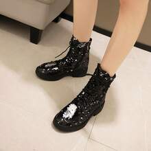 Womens Lace Up Sequin Ankle Boots Glitter Round Toe Chunky Heel Combat Booties Fashion Party Dress Shopping Halloween Outdoor Boots For Women - 黑色 - 查看 2