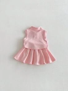 Miniweenns 2件組幼女返校套裝，學院風卡通POLO背心＋百褶裙套裝，可愛女嬰校服 - 粉色 - 查看 5