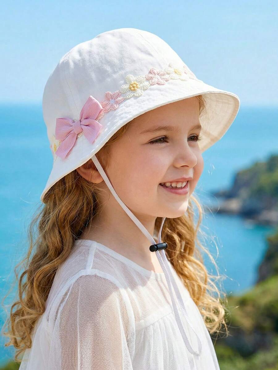 1pc Girls' Spring/Summer Korean Style Floral Bow Bucket Hat, Adjustable Brim, Foldable, Wide Brim Sun Protection, Minimalist Korean Style, Suitable For Outdoor Activities, Pink - 1PC - View 1