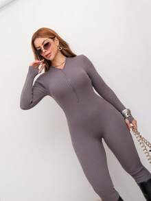 Virginia Ribbed Tricot Modal Jumpsuit With Zipper On The Front Great Quality Women's Jumpsuit Long Sleeve Fashion Style - Grey - View 5