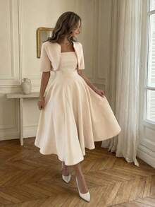 2pcs Elegant & Casual Minimalist Commute Office Daily Wear Dresses Set For Women, Spring/Summer - Champagne - View 4