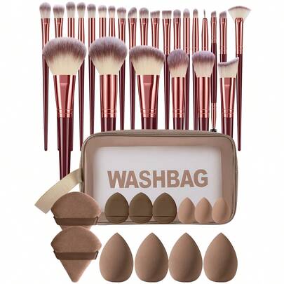 38件套化妆工具套装，包含：25支化妆刷套装+1个多功能防水拉链化妆包+2个三角粉扑+3个迷你气垫粉扑+3个迷你化妆海绵+4个化妆海绵，一应俱全，新手友好 | 方便旅行携带，送礼佳品 | 新手/女性的完美之选