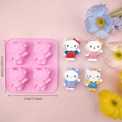 SANRIO Khuôn trang trí bánh Hello Kitty 4 hàng bằng silicon, khuôn làm bánh sôcôla lật, khuôn đường, khuôn nhỏ giọt keo, khuôn thạch cao thơm.
