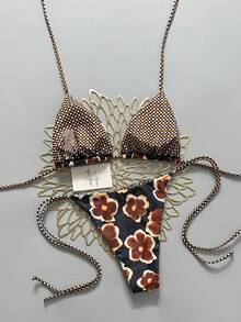 2pcs Retro Floral Colorblock Plaid Print Bikini Swimwear, Suitable For Beach, Pool, Cruise, Party In Spring And Summer Vacation - Black Background With Brown Flowers - View 3