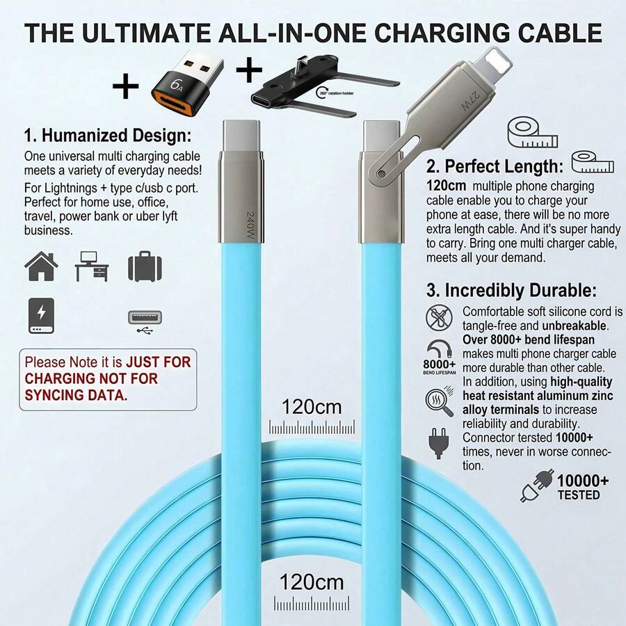 便携式PD充电线带支架，USB-C转USB-C线，240W快充，内置手机支架，柔性液态硅胶Type-C线，带90度T型支架，二合一 - 藍色 - 查看 1