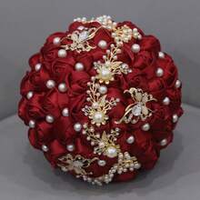 1件手工缎带玫瑰新娘婚礼捧花，闪亮蝴蝶水晶缎带玫瑰婚礼捧花，酒红色布艺永生花，布艺玫瑰捧花 W322G - 酒紅色 - 查看 8