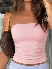 Muse Moon Women's Seamless Strapless Solid Color Elastic Fitted Camisole, Strapless Basic Tank Top For Spring/Summer, Suitable For Valentine's Day - Pink - View 1