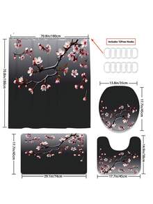1/3/4 件套黑色背景粉色樱花浴室浴帘套装；优雅简约设计，防水防霉，尺寸 71 英寸 x 71 英寸，耐用涤纶面料，包含 12 个挂钩、马桶盖、浴垫和地毯，适用于节日装饰、卧室、浴室、旅行必备，是返校/毕业/母亲节的理想礼物。 - 黑粉 - 查看 15