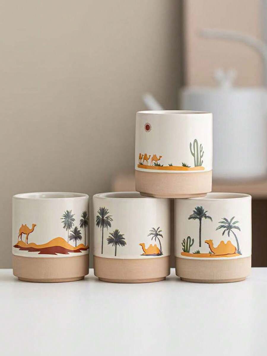 1pc Middle Eastern Style Ceramic Mug, Saudi Arabian Coffee Cup, Desert Camel, Palm Tree & Cactus Themed Water Cup, Matte Two-Tone Design, High-Quality Ceramic Material Insulated & Anti-Scald, 4 Different Desert Landscape Patterns, Vividly Recreating The Middle Eastern Wilderness Ambiance, Suitable For Coffee, Tea, Water And Other Beverages, Infusing Exotic Charm Into Kitchen And Office, An Excellent Choice For Daily Use And Gift-Giving - Multicolor - View 1