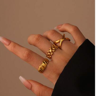 3 قطع مجموعة خواتم مفتوحة هندسية غير متماثلة مطلية بالذهب عيار 18 قيراط من الفولاذ المقاوم للصدأ بتصميم بسيط للنساء