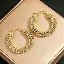 3对不锈钢金色圆环耳环，不褪色几何圆形耳环，欧美时尚耳环套装 - 金色 - 查看 7