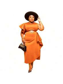 Wish Sexy Plus Size Women's Solid Color One Shoulder Ruffle Party And Disco Dress. - Orange - View 5