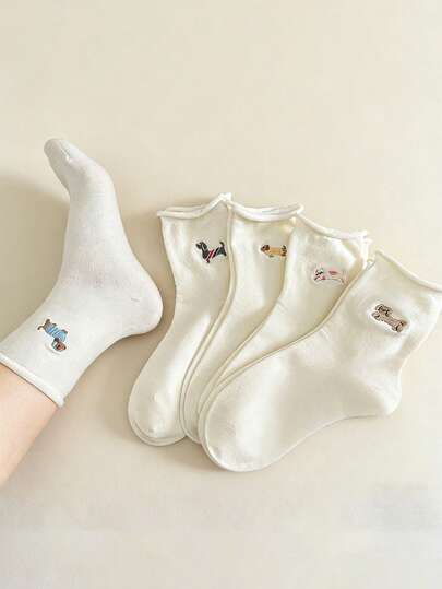 Meias de cano curto femininas com bordado de dachshund fofo | Meias de cano curto com estampa de animais kawaii, perfeitas para primavera, verão, outono e uso diário.