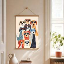 1 pieza Pintura artística de perros divertidos con gafas de sol, póster de perro colorido y lindo, impresión en lienzo retro de mascota, decoración de pared estética para sala de estar, dormitorio, habitación de niños, sin marco/con marco/rollo colgante de madera - Multicolor - Ver 1