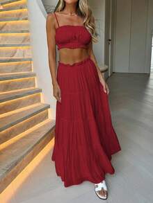 Look-Polly 女士优雅夏季婚礼活动两件套，性感吊带露脐上衣显瘦，优雅A字裙，沙滩连衣裙套装，适合派对和度假 - 酒紅色 - 查看 11