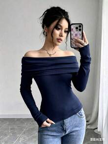 Elegant Long-Sleeved Blouse With Off-Shoulder Detail And Solid Color Ruffle For Women - Azul Marinhos - View 4