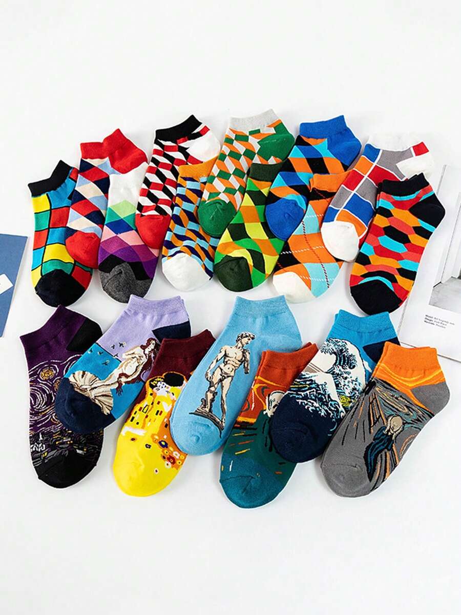 1/3/5 Pairs Random Men's Colorful Geometric Plaid Pattern Comfortable Casual Socks, Suitable For Spring/Summer Outings - Multicolor - View 1