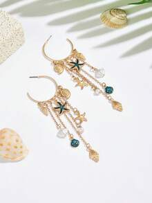 1 Đôi bông tai nữ kiểu dáng biển mùa hè, họa tiết sao biển xanh tráng men cổ điển Bohemian, mặt dây chuyền hình ngọc trai giả, vỏ sò và tua rua, kiểu dáng dài, trang sức thanh lịch cho kỳ nghỉ biển. - Nhiều màu - Xem 4