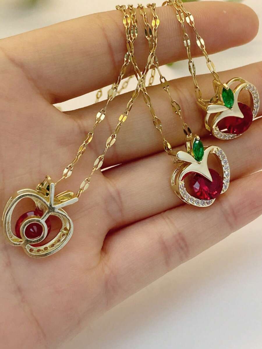 1 chiếc dây chuyền mặt dây chuyền hình quả táo đính đá lấp lánh, thời trang, thanh lịch, sống động và dễ thương dành cho nữ. - Quả táo vàng - Xem 1