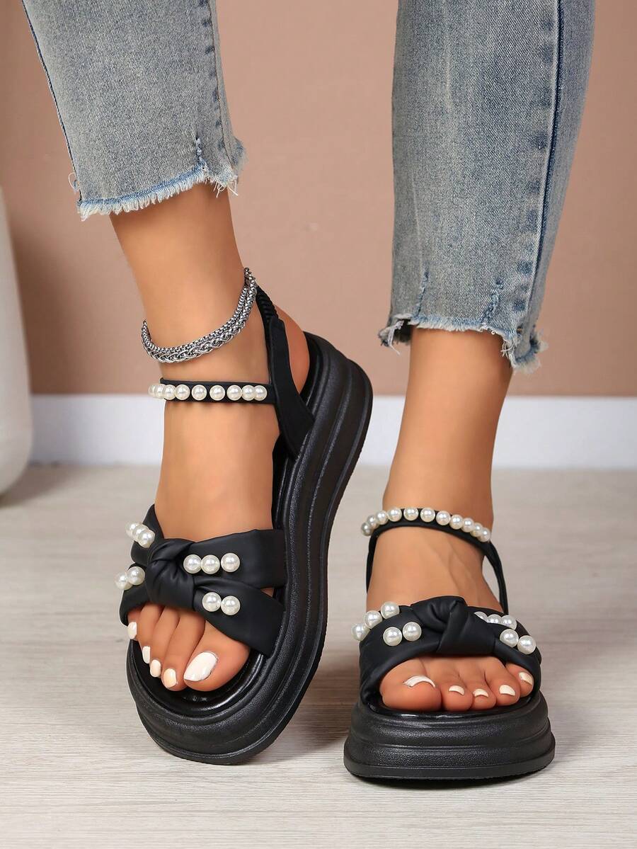 White Pearl Bow Thick-Sole Sandals For Women, Summer Open Toe Elastic Ankle Strap Wedge Heels, Fairy Style Versatile - Black - View 1