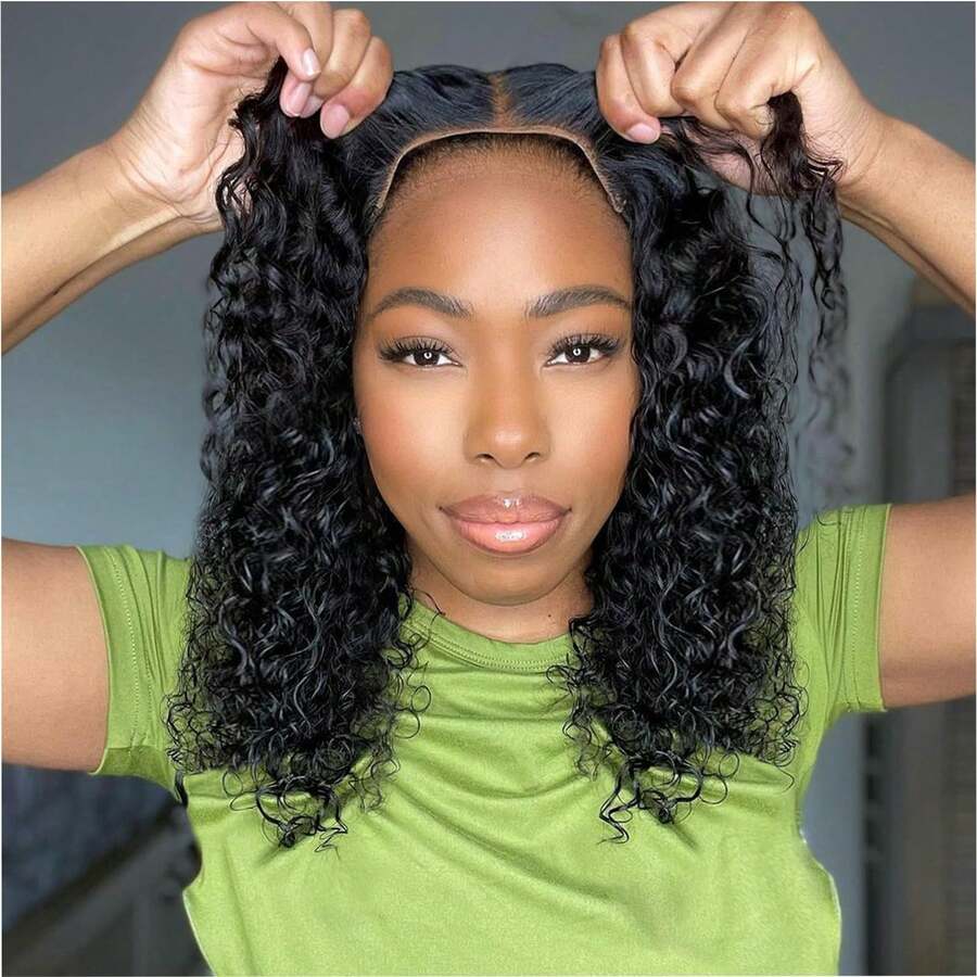Curly Bob Wig Human Hair Deep Wave Glueless Wigs Human Hair Pre Plucked Pre Cut 5x5 Wear And Go Glueless HD Lace Closure Wigs Human Hair For Women 200% Density Black Color 16 Inch - SNatural - 查看 1