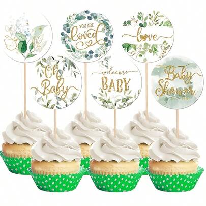 12/24 Chiếc Đồ Trang Trí Bánh Cupcake Cho Tiệc Sinh Nhật Chủ Đề Lá Rừng, Tình Yêu Chào Đón, Trang Trí Bánh Cho Tiệc Tiết Lộ Giới Tính Em Bé, Tiệc Sinh Nhật.