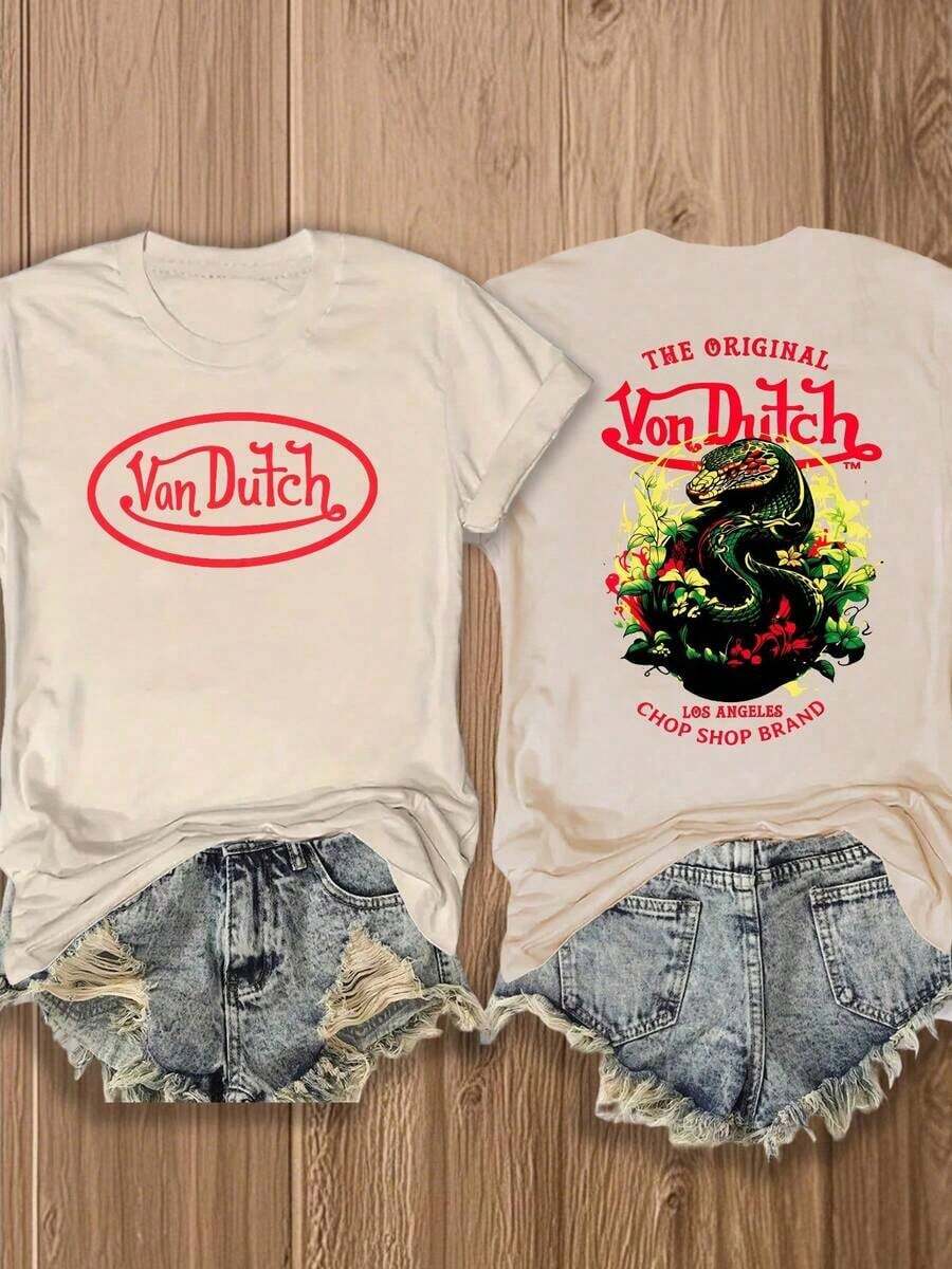 Double-Side 1pcs Women's Red Von Ditch Dragon Floral Design Red And Green Print Fabric Soft & Skin-Friendly Unisex Style Gifts For Spring Festival, Valentine's Day, St. Patrick's Day & World Cup-Van Dutch Dragon Print Women T Shirt Classic Americana Style Graphic High Quality - 杏色 - 查看 1