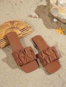 Women's Wide Width Ruched Strap Flat Sandals, Fashionable Square Toe Summer Slides, Comfortable Casual Open Toe Shoes - Brown - View 5