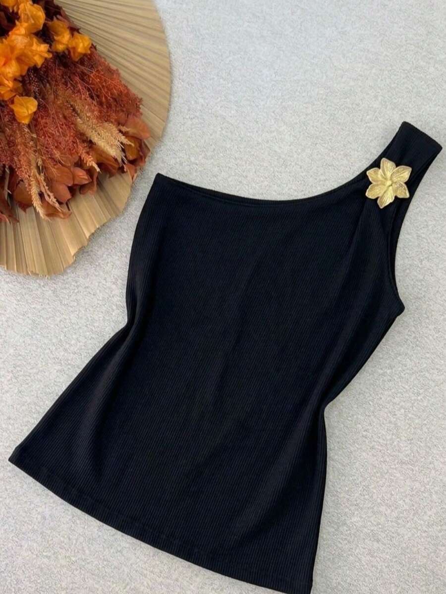 Women's Ribbed One-Shoulder Blouse With Detail - Black - View 1