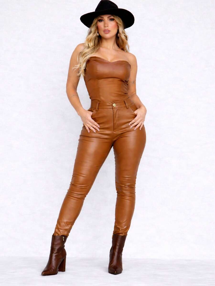 Women's Faux Leather High-Waisted Skinny Shaping Pants - Elegant, Stylish, Fashionable, Blogger Style, Premium, Winter 2026 - Lạc đà - Xem 1