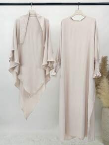 Set de 2 piezas: 1 vestido de diseño de manga recogida de unicolor simple + 1 pañuelo de cabeza de doble capa, adecuado para la oración diaria - Multicolor - Ver 26