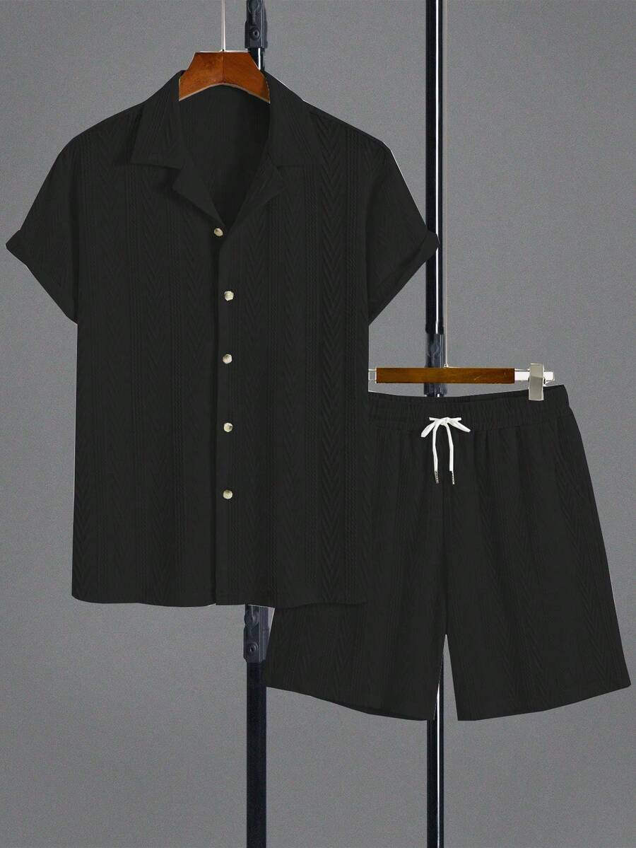 GOLDREDY Cardigan Rajut Tekstur Warna Polos Klasik untuk Pria dengan Resleting Penuh, Streetwear Minimalis Kasual, Set 2 Potong Lengan Pendek Terbaru untuk Musim Panas, Cocok untuk Pemakaian Sehari-hari dan Berpergian - Hitam - View 1