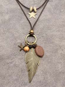 1pc Multi-Layer Brown Wax Rope Vintage Round Disc Five-Pointed Star Wood Bead Pendant Necklace With Big Hollow Leaf & Money Tree Charm, Antique Bronze Key & Note Pendant Necklace, Fashion Long Necklace, Great Gift For Mom & Girlfriend - Dây sáp - Xem 2