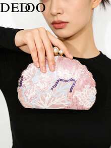 Dedoo Bolso de mujer con artesanía pesada de concha con malla bordada y lentejuelas, bolso de mano de lujo para vestido de noche y cena - Rosa - Ver 1