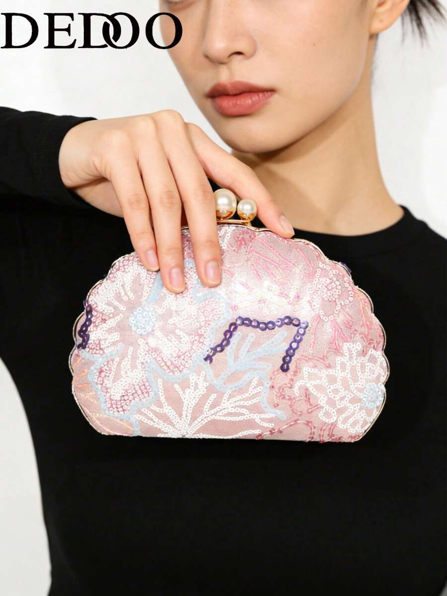 Dedoo Bolso de mujer con artesanía pesada de concha con malla bordada y lentejuelas, bolso de mano de lujo para vestido de noche y cena - Rosa - Ver 1