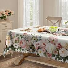 1pc Spring/Summer Pink Rose Floral Tablecloth, Spring Printed Tablecloth, Floral Theme Design, Pastoral Style, Polyester Round/Rectangular Tablecloth, Spring Decor, Indoor/Outdoor Dining Table Decor, Ideal For Mother's Day, Wedding And Holiday Home Decoration - Multicolor - View 5