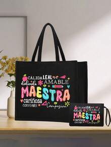 Teacher's Day Gift Set, Including Letter Pattern Linen Tote Bag, Cosmetic Bag, Coin Purse, Foldable Shopping Bag, Lightweight And Convenient - Multicolor - View 9