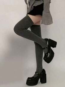 Solid Color Simple Style Warm Over The Knee Thigh High Socks For Autumn And Winter - Black - View 2