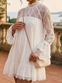 Women See Through Long Sleeve Lace Mini Dress Ruffle Layered Sheer Lace Short Dresses Sexy Going Out Cover Up Dresses(No Lining) - White - View 4