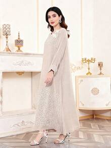 2026 New Style Elegant Embroidered Apricot Arabic Dress, JALABIA Long Sleeve 3D Floral Robe, Ramadan Tradition - Apricot - View 8