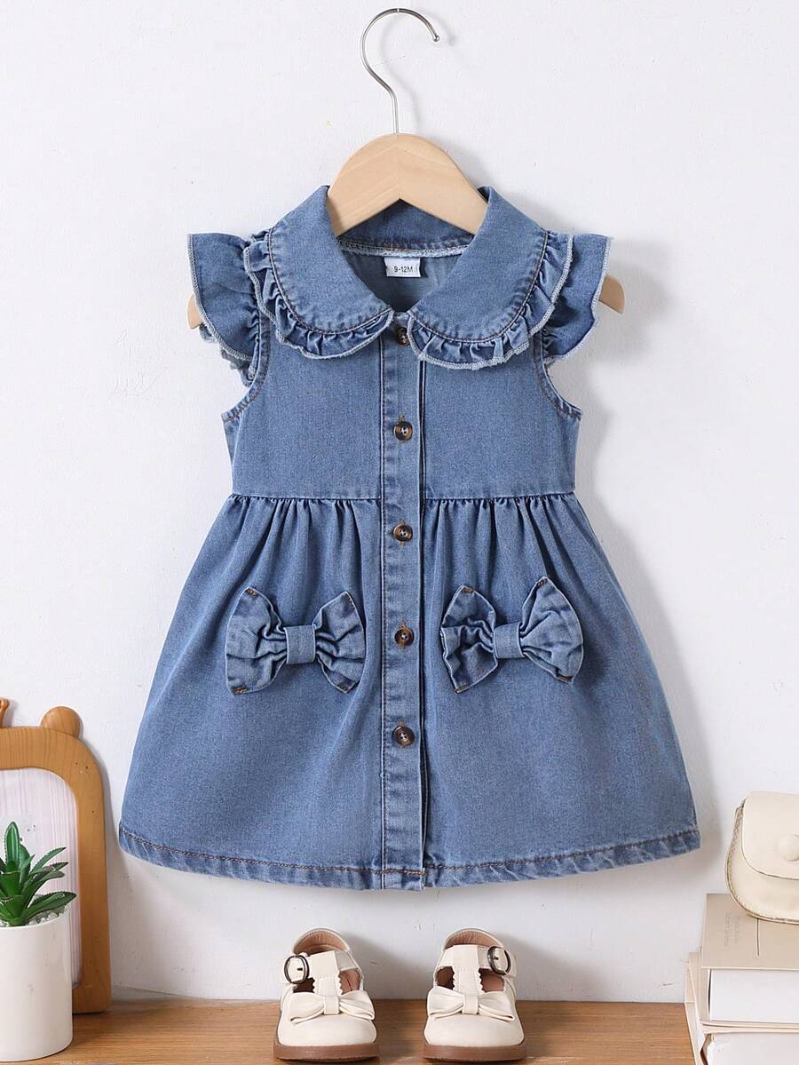 Girls' Denim Collar Ruffle Sleeve Button Down Dress, Baby GirlCute Dual Bow Pocket Decor Denim Skirt - Medium Wash - View 1