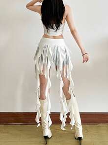 Top Dazzle 女士不对称流苏荷叶边短裙，涤纶材质，略带弹性 - 白色 - 查看 7