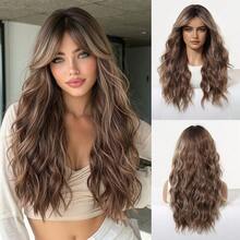 22 Inch Long Water Wave Wigs With Medium Part Bangs For Women, Ombre Brown Synthetic Wig, Heat Resistant Natural Looking Curly Fake Hair For Daily Party Cosplay - Brown Ombre - View 13